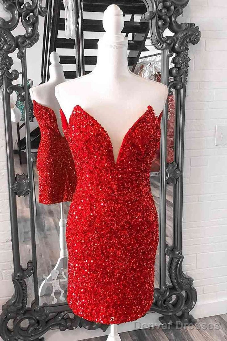 Tight Red Sequins Prom Dress Strapless V Neck Short Homecoming Dress Main image