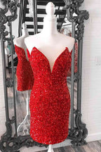 Tight Red Sequins Prom Dress Strapless V Neck Short Homecoming Dress