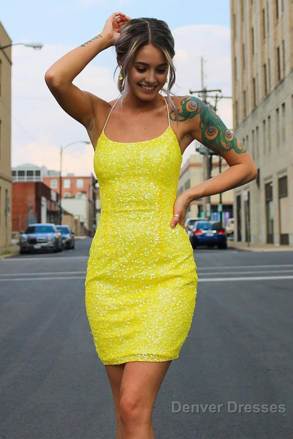 Tight Yellow Sequins Homecoming Dress Main image