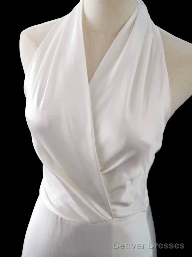 Timeless A Line Halter Satin White Wedding Dresses Brides Dress