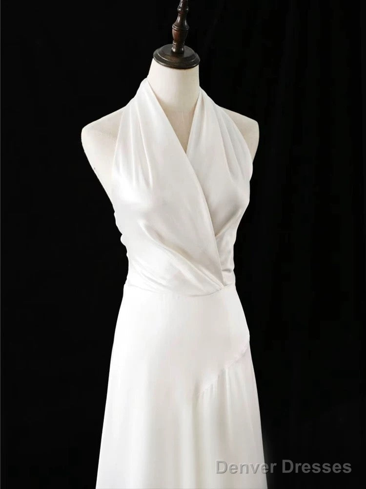 Timeless A Line Halter Satin White Wedding Dresses Brides Dress