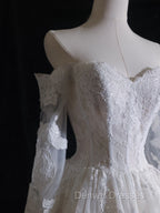 Timeless A Line Off The Shoulder White Lace Long Sleeves Wedding Dress Bridal Dress