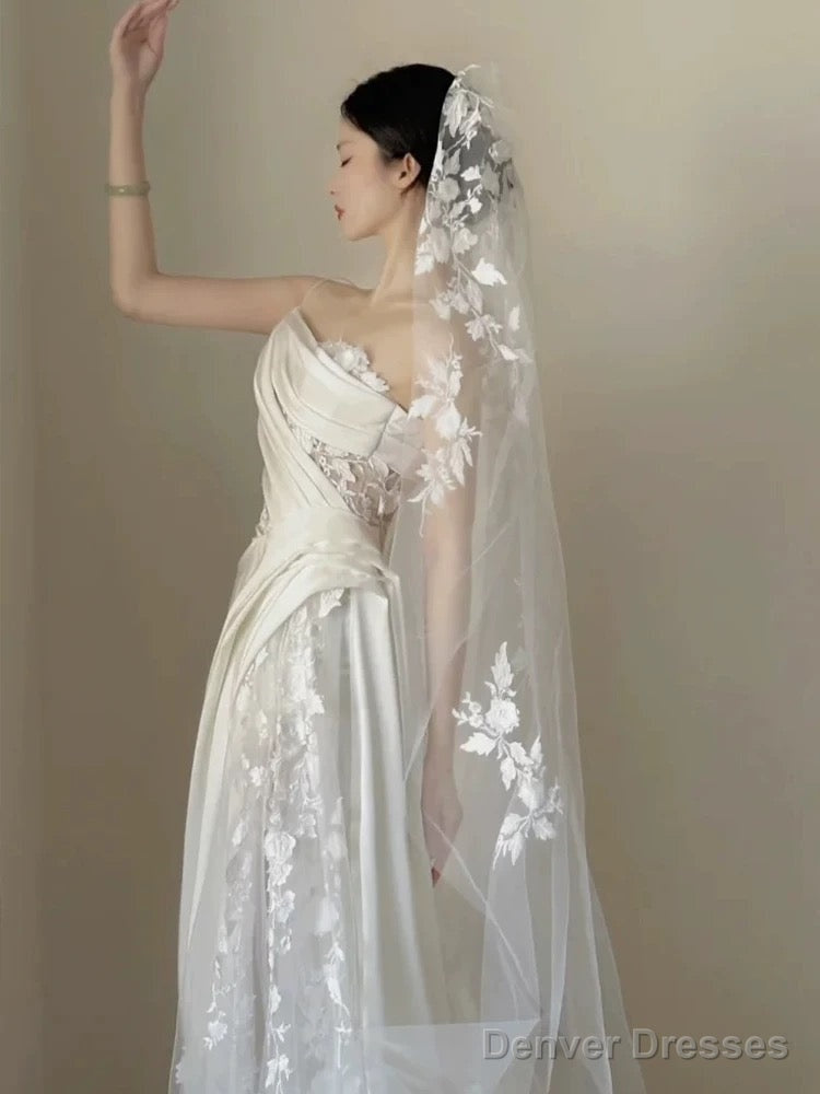 Timeless A Line One Shoulder Lace Satin White Wedding Dresses Brides Dress Secondary image