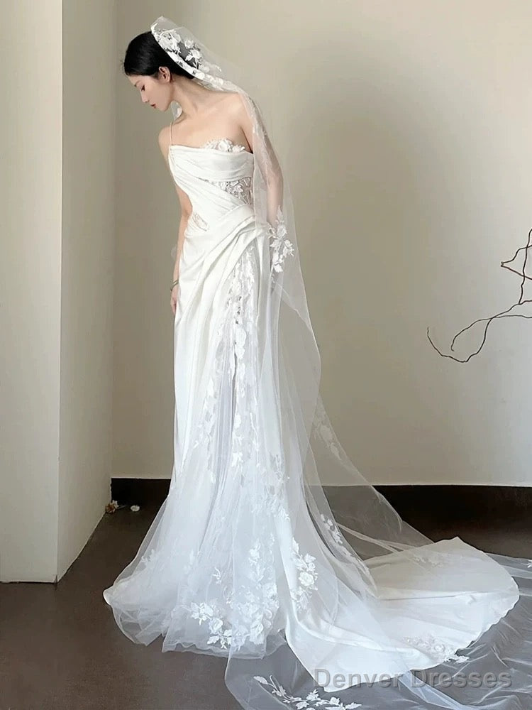 Timeless A Line One Shoulder Lace Satin White Wedding Dresses Brides Dress