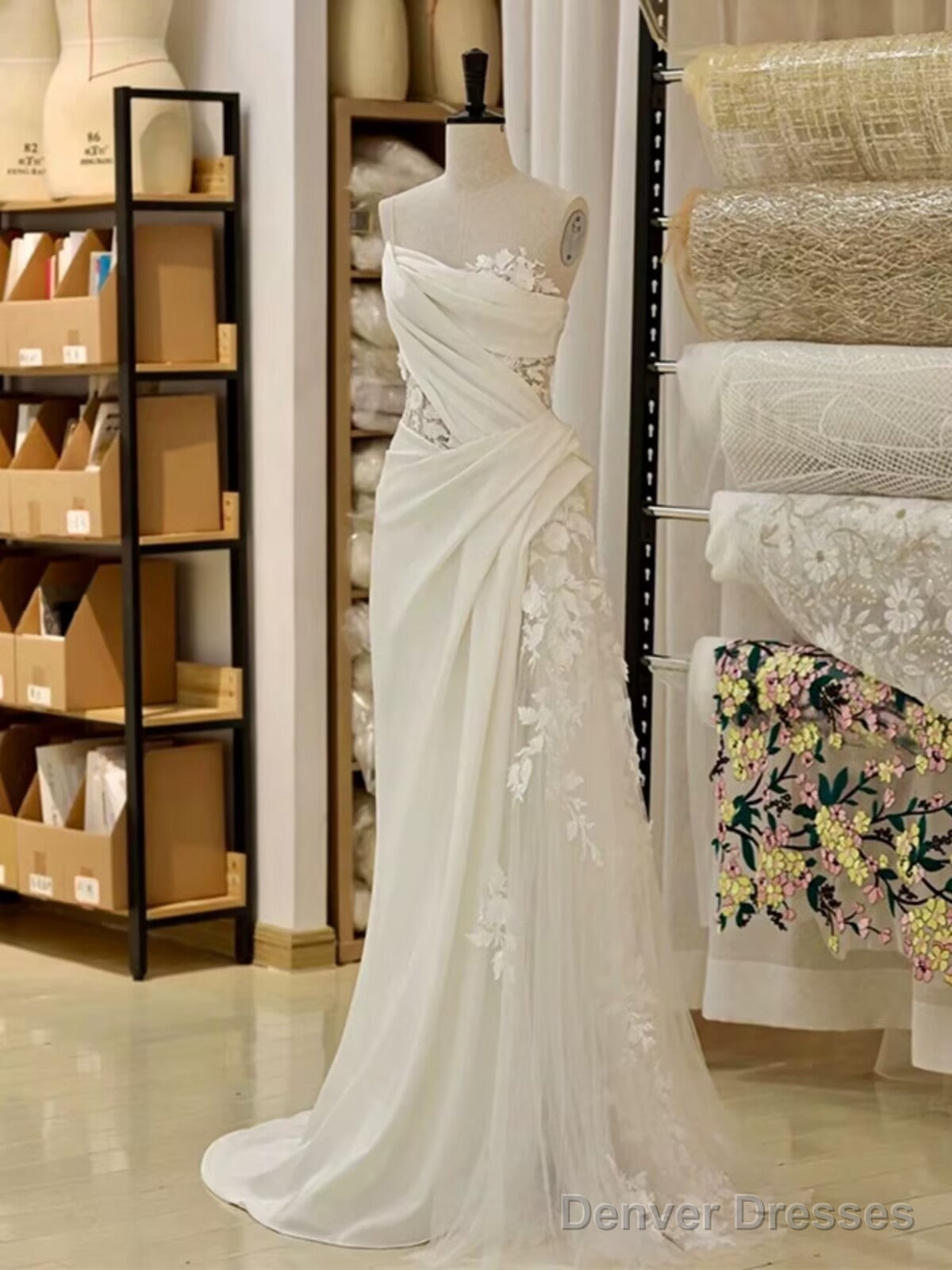 Timeless A Line One Shoulder Lace Satin White Wedding Dresses Brides Dress