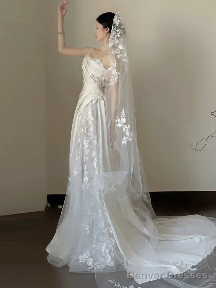 Timeless A Line One Shoulder Lace Satin White Wedding Dresses Brides Dress Main image