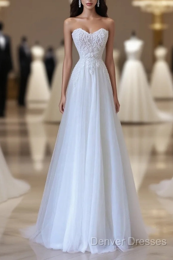 Timeless A Line Sweetheart Lace Tulle White Wedding Dress Brides Dress Main image