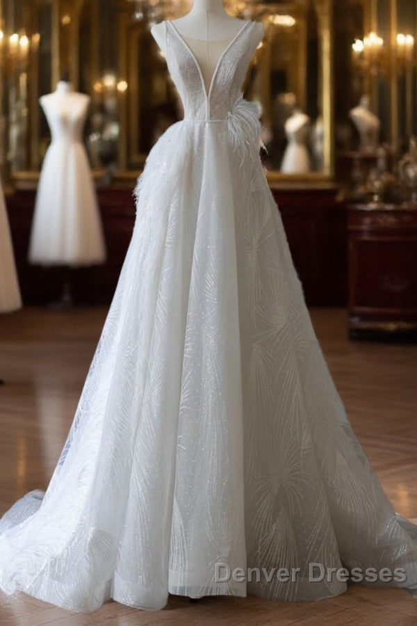 Timeless A Line V Neckline Sequin Sleeveless White Wedding Dress Brides Dress