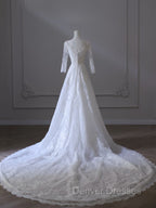 Timeless A Line V Neckline Tulle White Lace Long Wedding Dress Bridal Dress