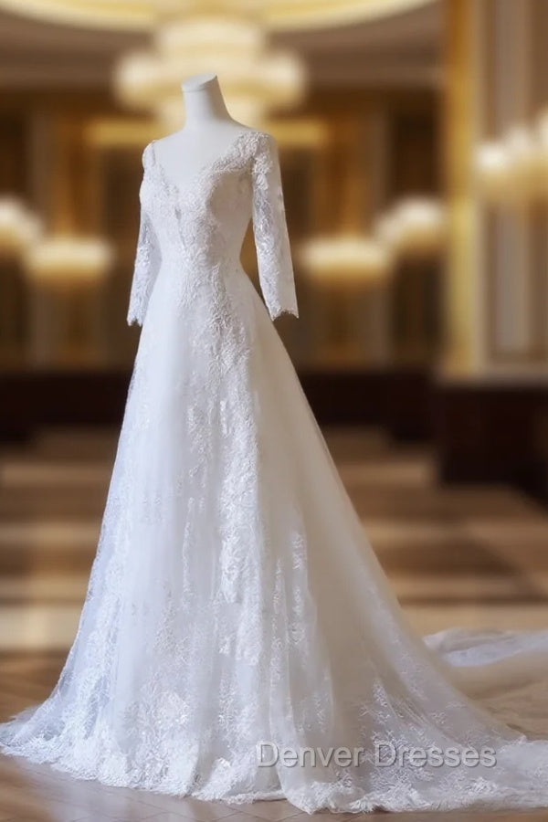 Timeless A Line V Neckline Tulle White Lace Long Wedding Dress Bridal Dress Main image