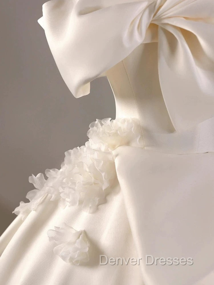 Timeless Ball Gown Off The Shoulder Short Sleeves Satin White Wedding Dress Brides Dress