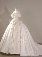 Timeless Ball Gown Off The Shoulder Short Sleeves Satin White Wedding Dress Brides Dress