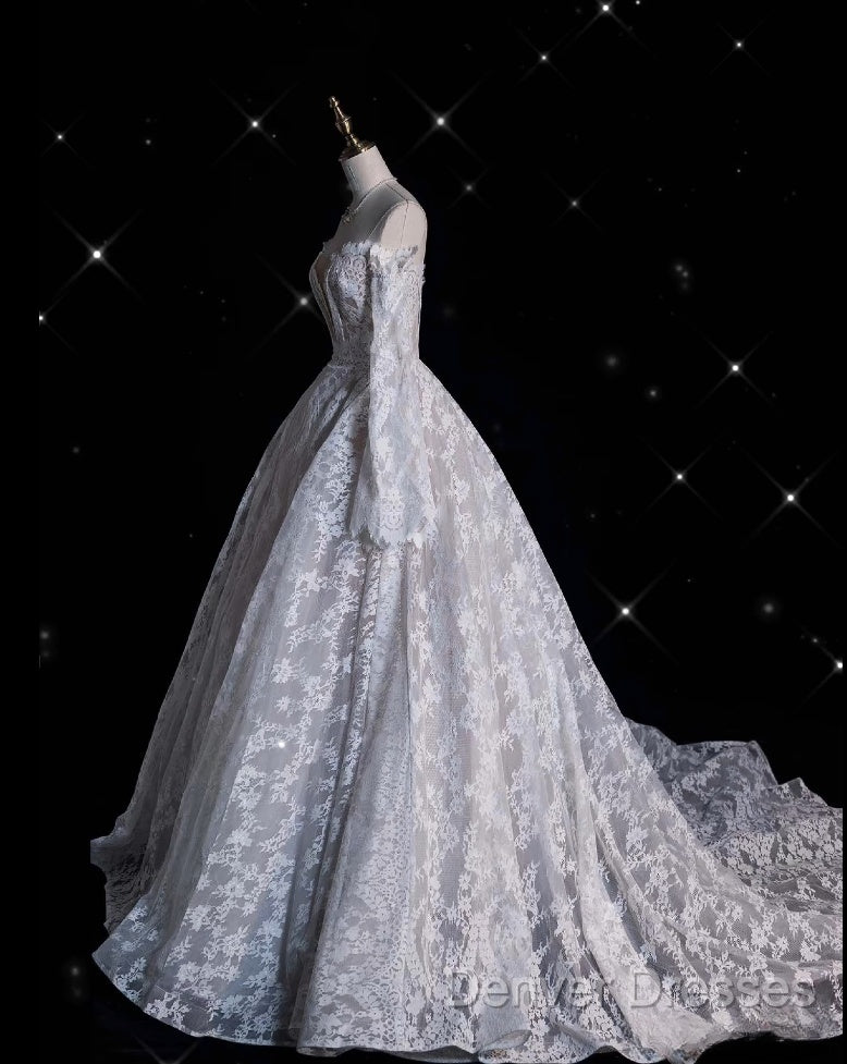Timeless Ball Gown Off The Shoulder White Lace Long Wedding Dress Bridal Dress