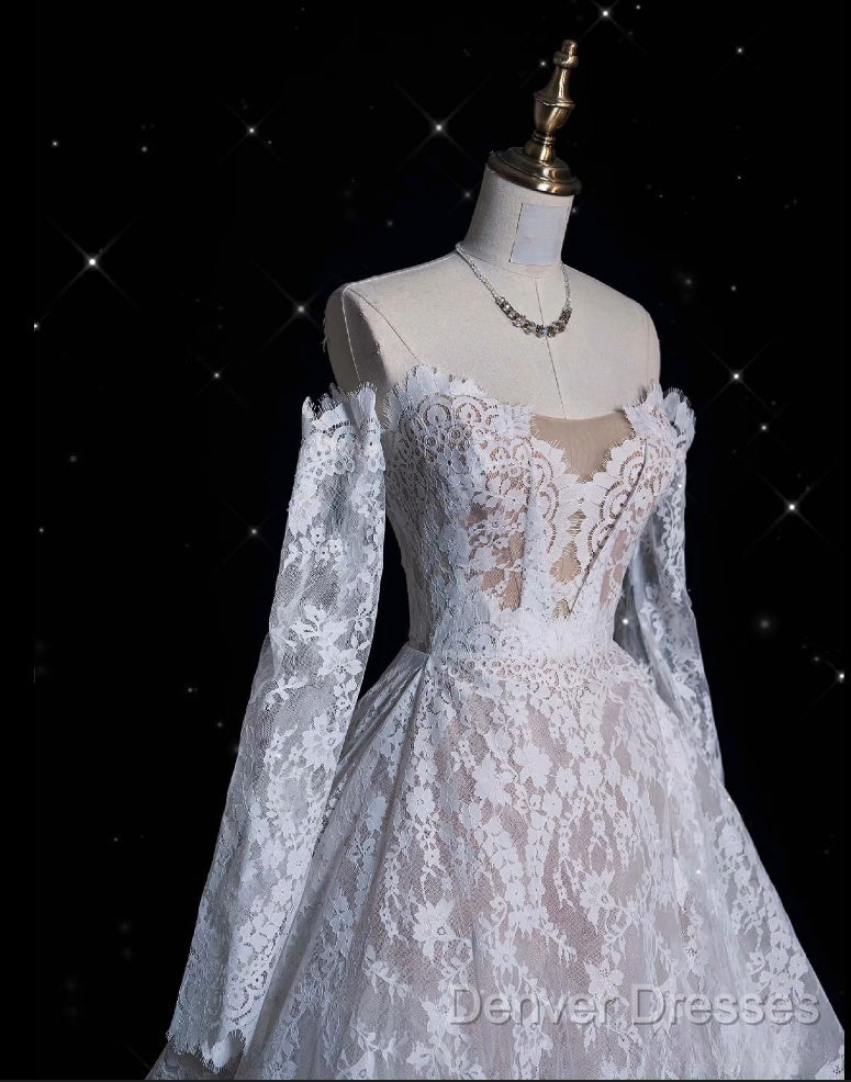 Timeless Ball Gown Off The Shoulder White Lace Long Wedding Dress Bridal Dress