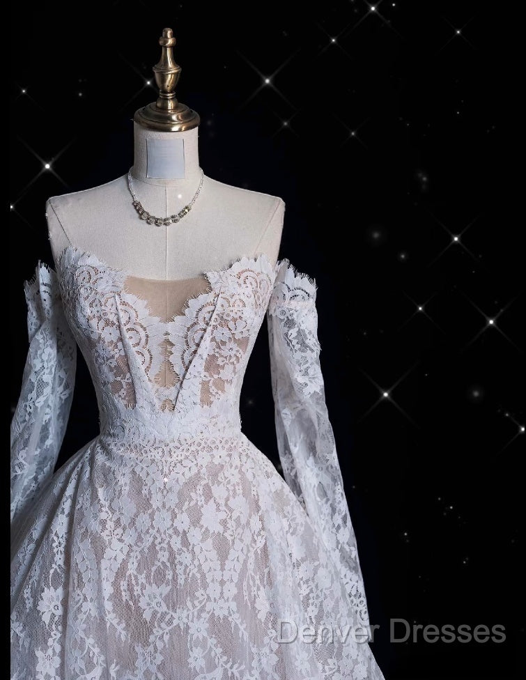 Timeless Ball Gown Off The Shoulder White Lace Long Wedding Dress Bridal Dress