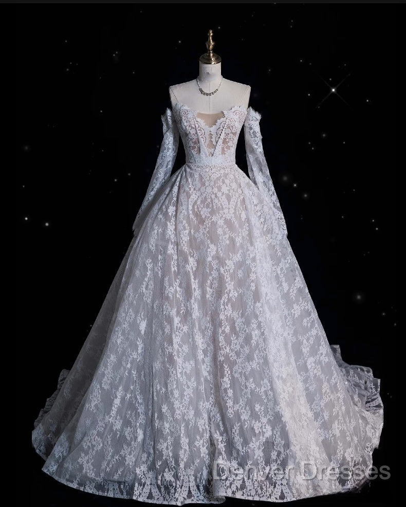 Timeless Ball Gown Off The Shoulder White Lace Long Wedding Dress Bridal Dress