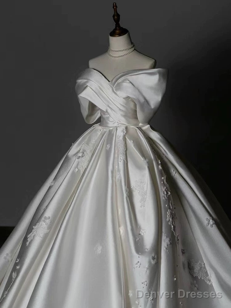 Timeless Ball Gown Off The Shoulder White Satin Long Wedding Dresses Bridal Dress
