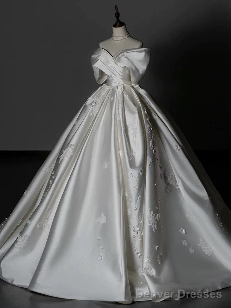 Timeless Ball Gown Off The Shoulder White Satin Long Wedding Dresses Bridal Dress Main image