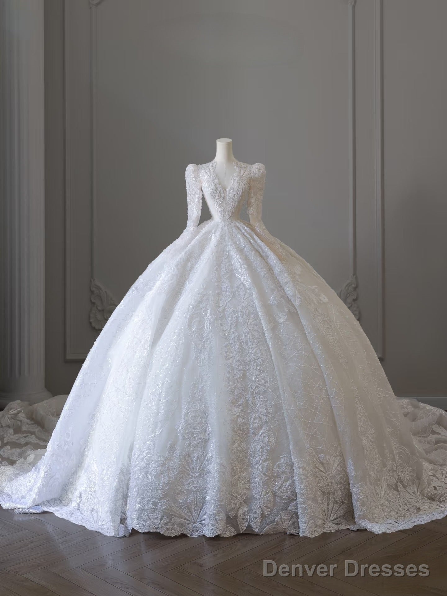 Timeless Ball Gown V Neckline Sequin Long Sleeves Wedding Dress Bridal Dresses