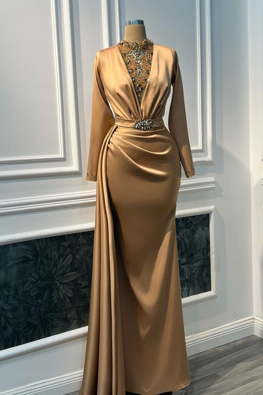 Timeless Gold High Collar Long Sleeves Satin Prom Dresses Mermaid Gem With Beads Ruffles Main image