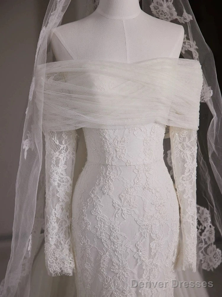 Timeless Mermaid Off The Shoulder Long Sleeves White Lace Wedding Dresses