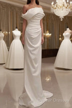 Timeless Mermaid Off The Shoulder Short Sleeves White Satin Wedding Dress