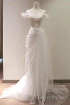 Timeless Mermaid Off The Shoulder Tulle White Wedding Dress