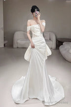 Timeless Mermaid Off The Shoulder White Satin Long Wedding Dresses Bridal Dress