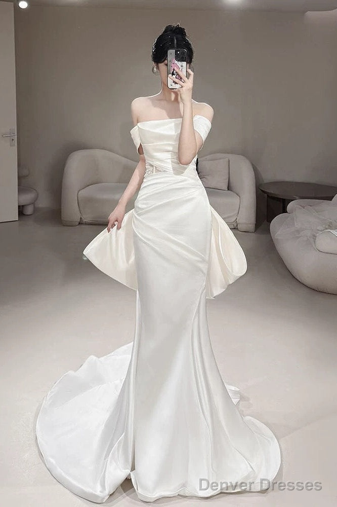 Timeless Mermaid Off The Shoulder White Satin Long Wedding Dresses Bridal Dress Main image