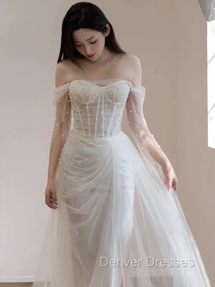 Timeless Mermaid Off The Shoulder White Tulle Long Wedding Dress Bridal Dress Secondary image