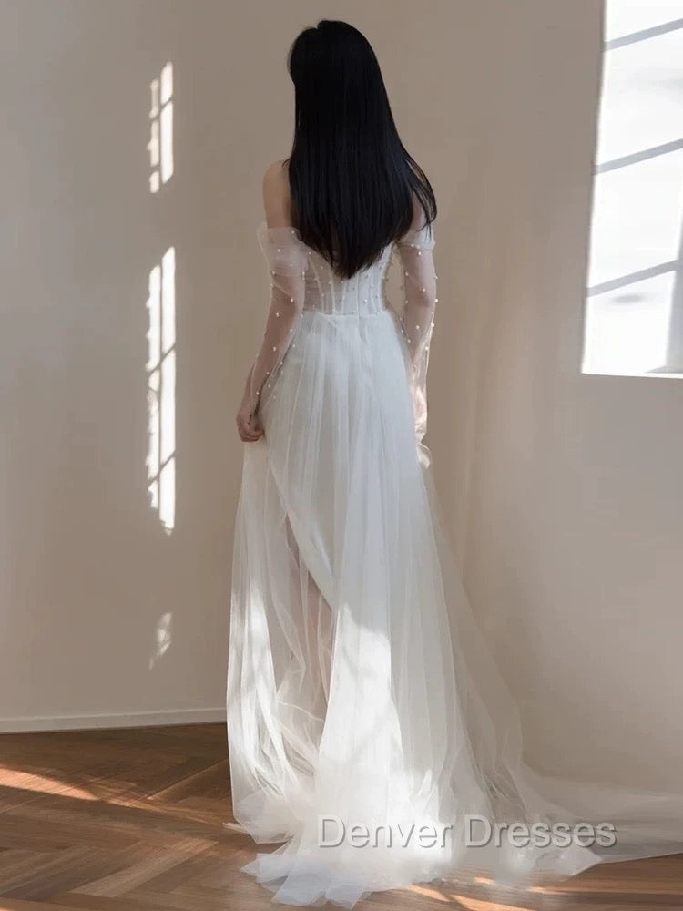 Timeless Mermaid Off The Shoulder White Tulle Long Wedding Dress Bridal Dress