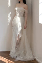 Timeless Mermaid Off The Shoulder White Tulle Long Wedding Dress Bridal Dress