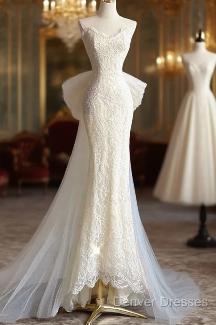 Timeless Mermaid Sweetheart Lace White Satin Wedding Dress
