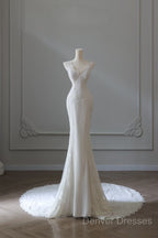 Timeless Mermaid V Neckline White Lace Wedding Dress Bridal Dress