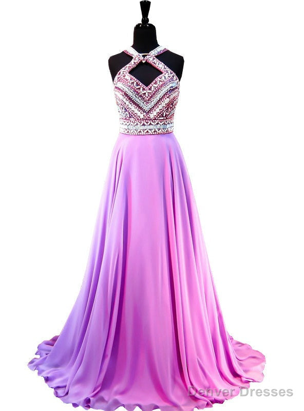Top Beaded Crystal Light Purple Chiffon Backless Prom Dress