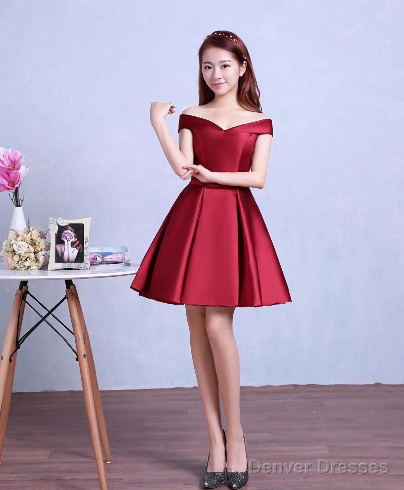 Burgundy Knee Length Prom Dress, Homecoming Dress Main image