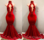 Trendy Mermaid Red Lace High Neck Prom Party Gowns| Red Prom Party Gowns