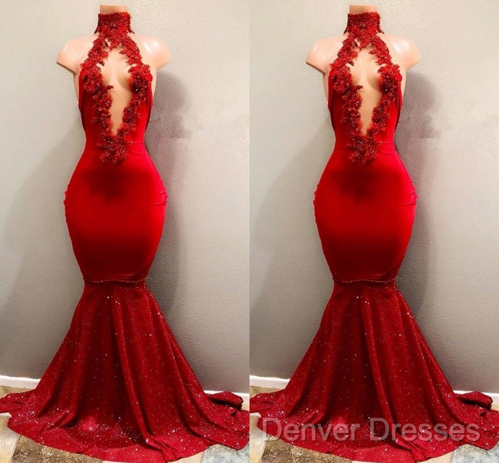 Trendy Mermaid Red Lace High Neck Prom Party Gowns| Red Prom Party Gowns