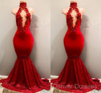 Trendy Mermaid Red Lace High Neck Prom Party Gowns| Red Prom Party Gowns