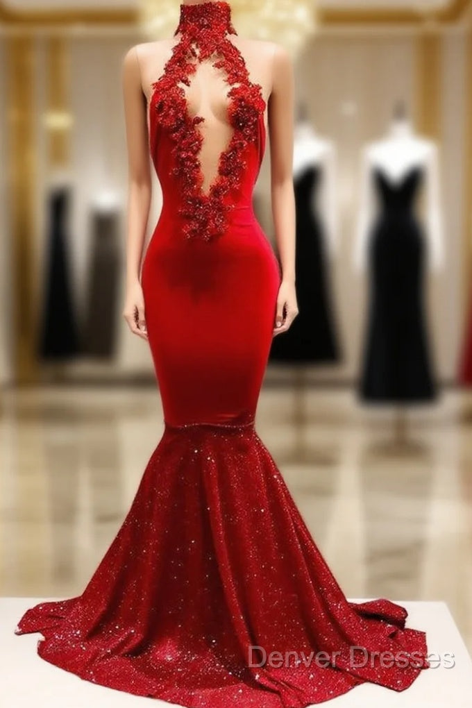 Trendy Mermaid Red Lace High Neck Prom Party Gowns| Red Prom Party Gowns Main image