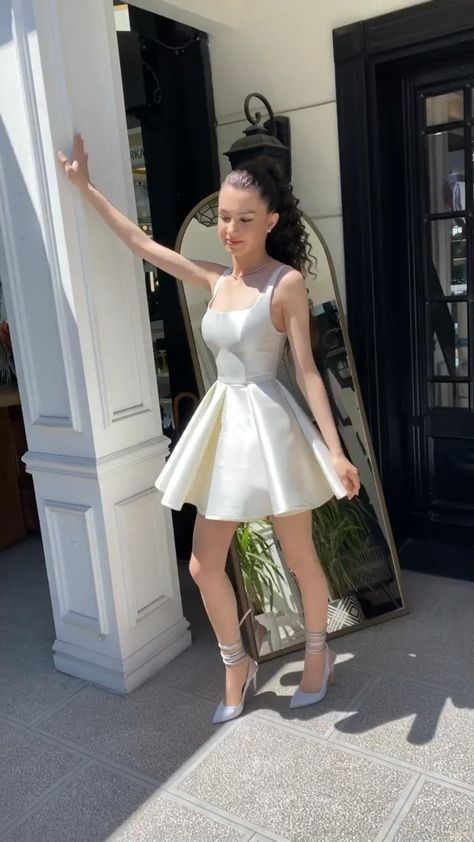 Simple Sequare Neck White Short Prom Dress,Elegant Homecoming Dress Main image