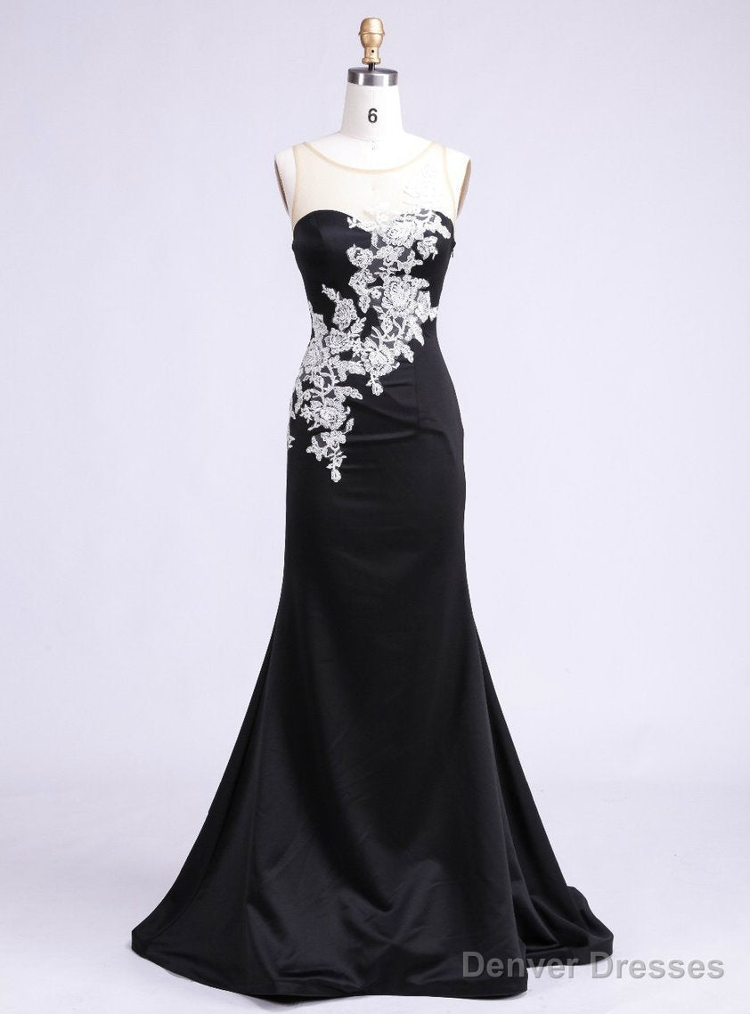 Trendy Scoop Floor Length See Through Back Appliques Party Polyester Formal Black Main image