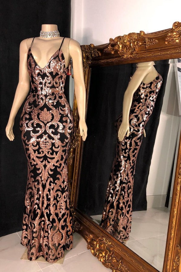 Trendy Sequins Appliques V-Neck Spaghetti Long Mermaid Prom Gowns Main image