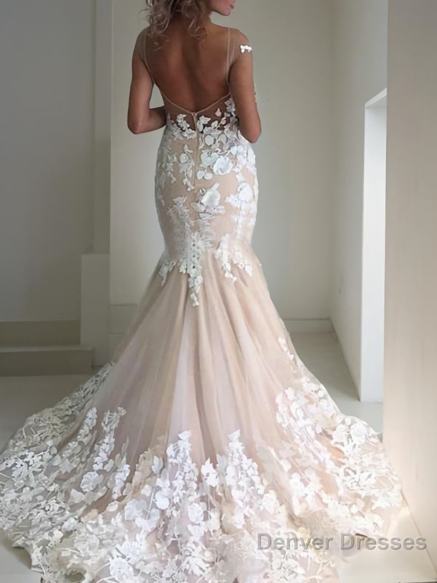 Trumpet/Mermaid Bateau Sweep Train Tulle Wedding Dresses With Appliques Lace Secondary image
