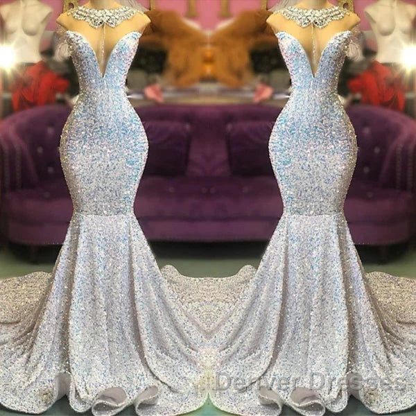 Trumpet Mermaid Beading Sequin White Prom Dress