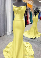 Trumpet/Mermaid Cowl Neck Spaghetti Straps Sweep Train Jersey Prom Dresses With Pleated
