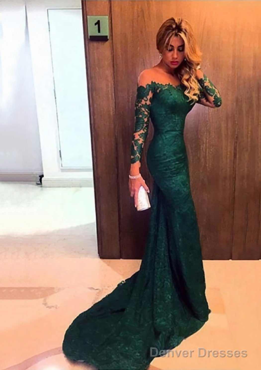 Trumpet/Mermaid Full/Long Sleeve Bateau Chapel Train Lace Prom Dresses With Appliqued Main image