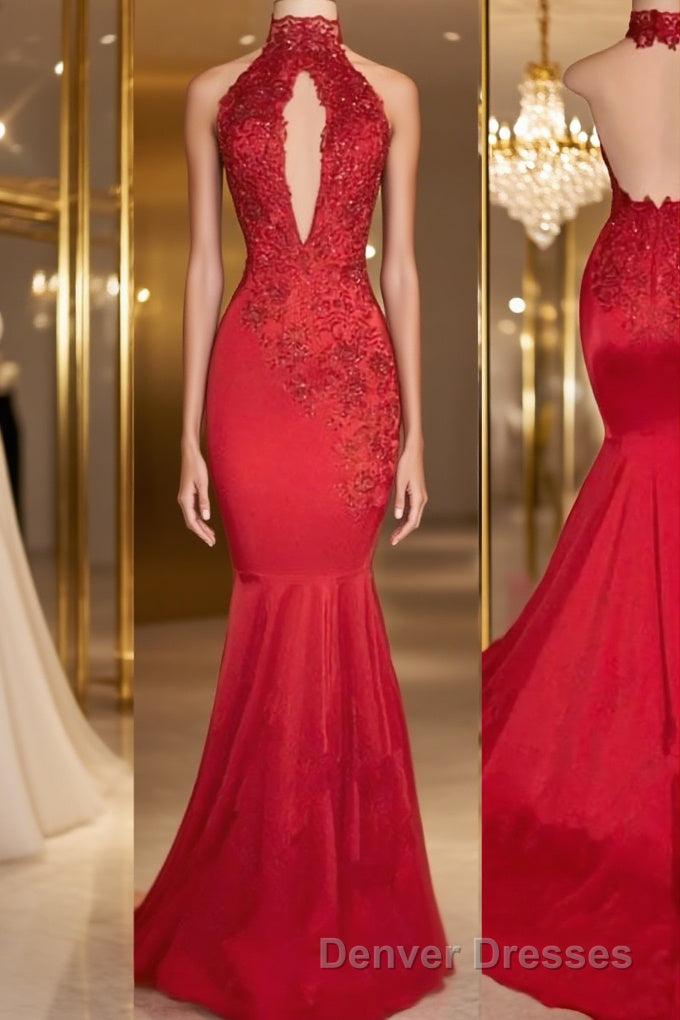 Trumpet/Mermaid Halter Sweep Train Charmeuse Prom Dress With Appliques Lace