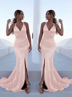 Trumpet/Mermaid Halter Sweep Train Silk like Satin Prom Dresses With Leg Slit