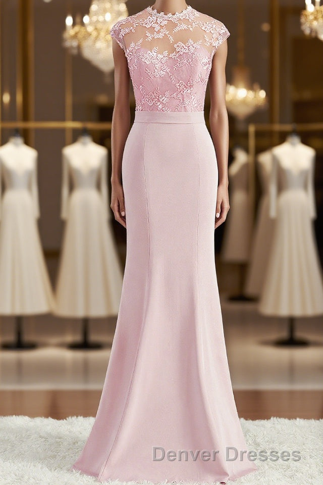 Trumpet/Mermaid High Neck Floor-Length Stretch Crepe Bridesmaid Dress with Appliques Lace Main image